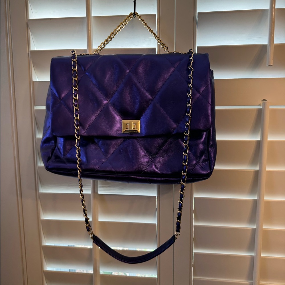 Virsa XL Diamonds Eternal Quilted Leather Metallic Purple Crossbody - Picture 3 of 9